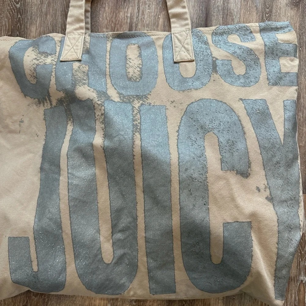 Y2K Choose Juicy Couture Tote Bag Distressed Silver Graphic Tan Canvas Large